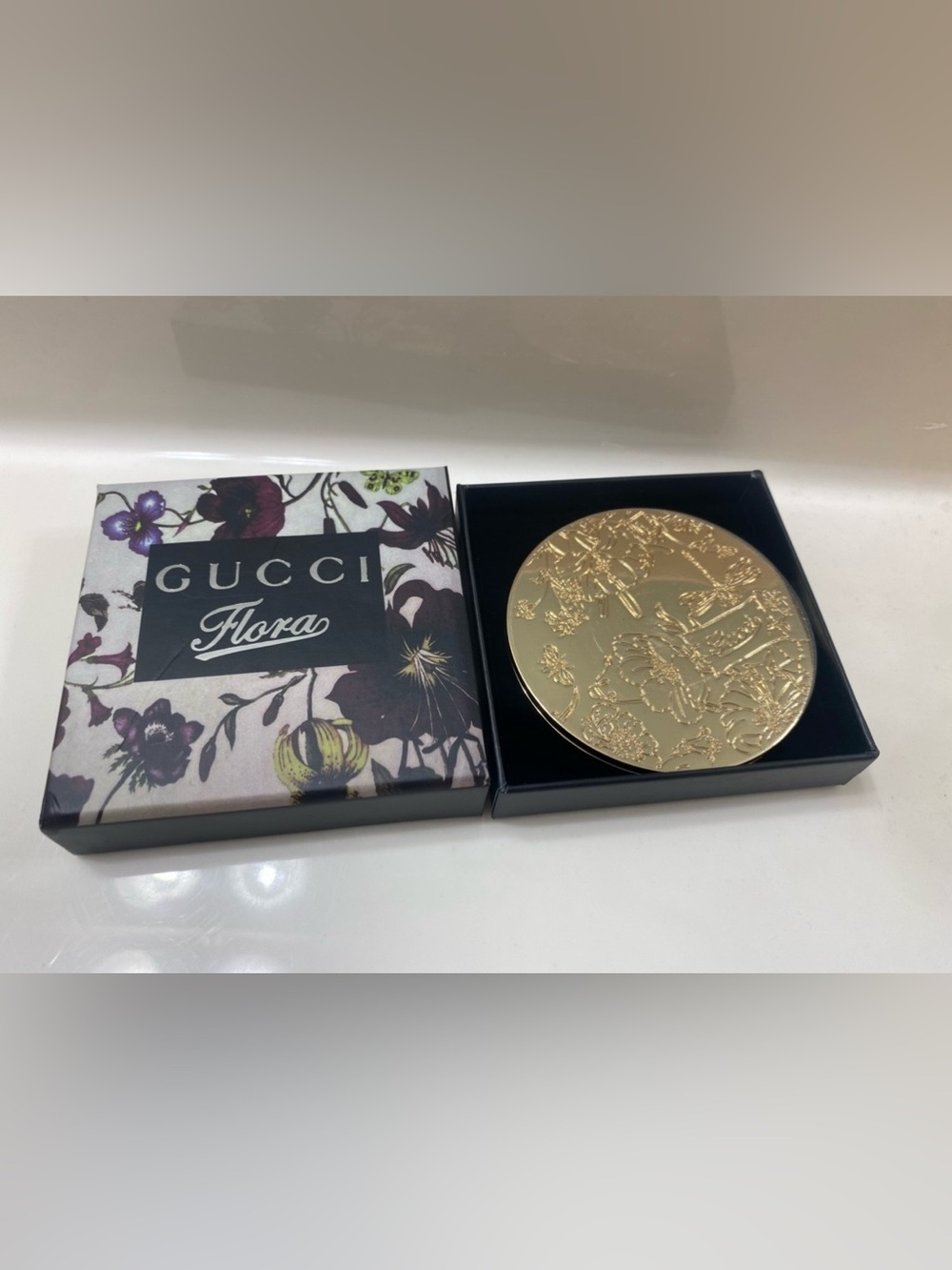 Gucci Gold Floral Embossed Compact Mirror with Floral Box